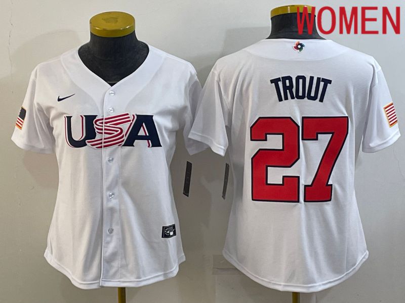 Women 2023 World Cub USA #27 Trout White Nike MLB Jersey6->women mlb jersey->Women Jersey